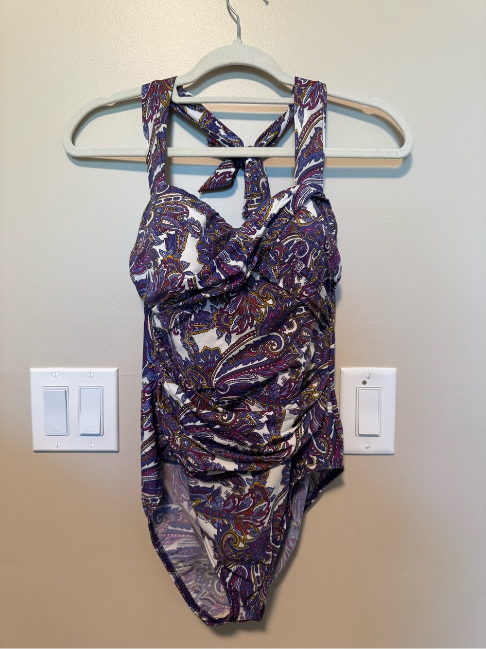 Lands' End Purple Paisley One-Piece Swimsuit with Gold Accents